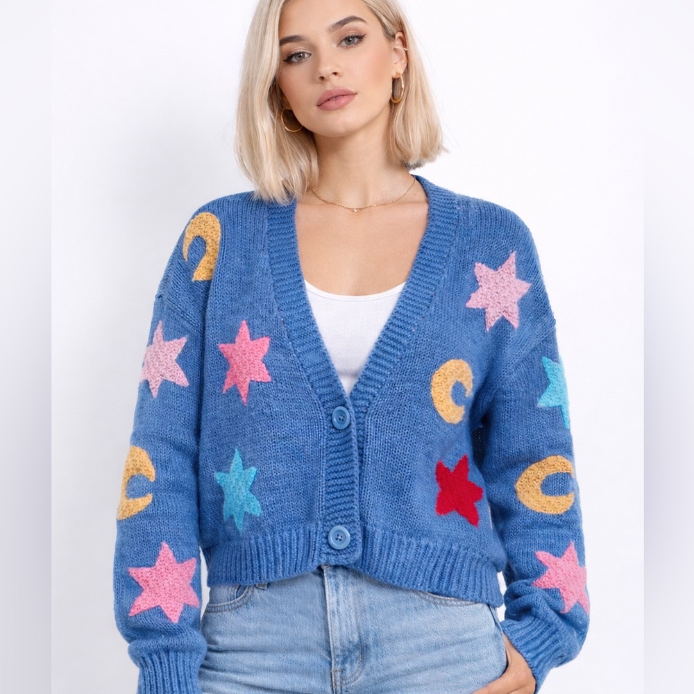 Debut Rainbow Stars & Moon Punch Knit Cardigan Small